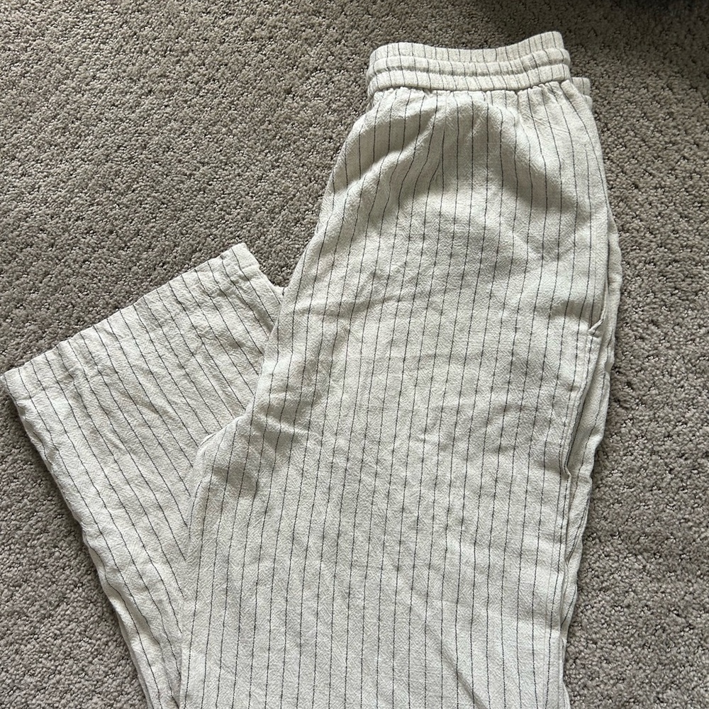 Zara Striped Beige Linen Cropped Rustic Pant Size Small - Picture 2 of 5